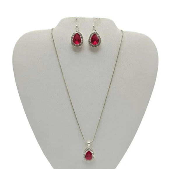 Clear Rhinestone Ruby Crystal Teardrop Pendant Necklace Earrings Ring Set - Picture 1 of 11
